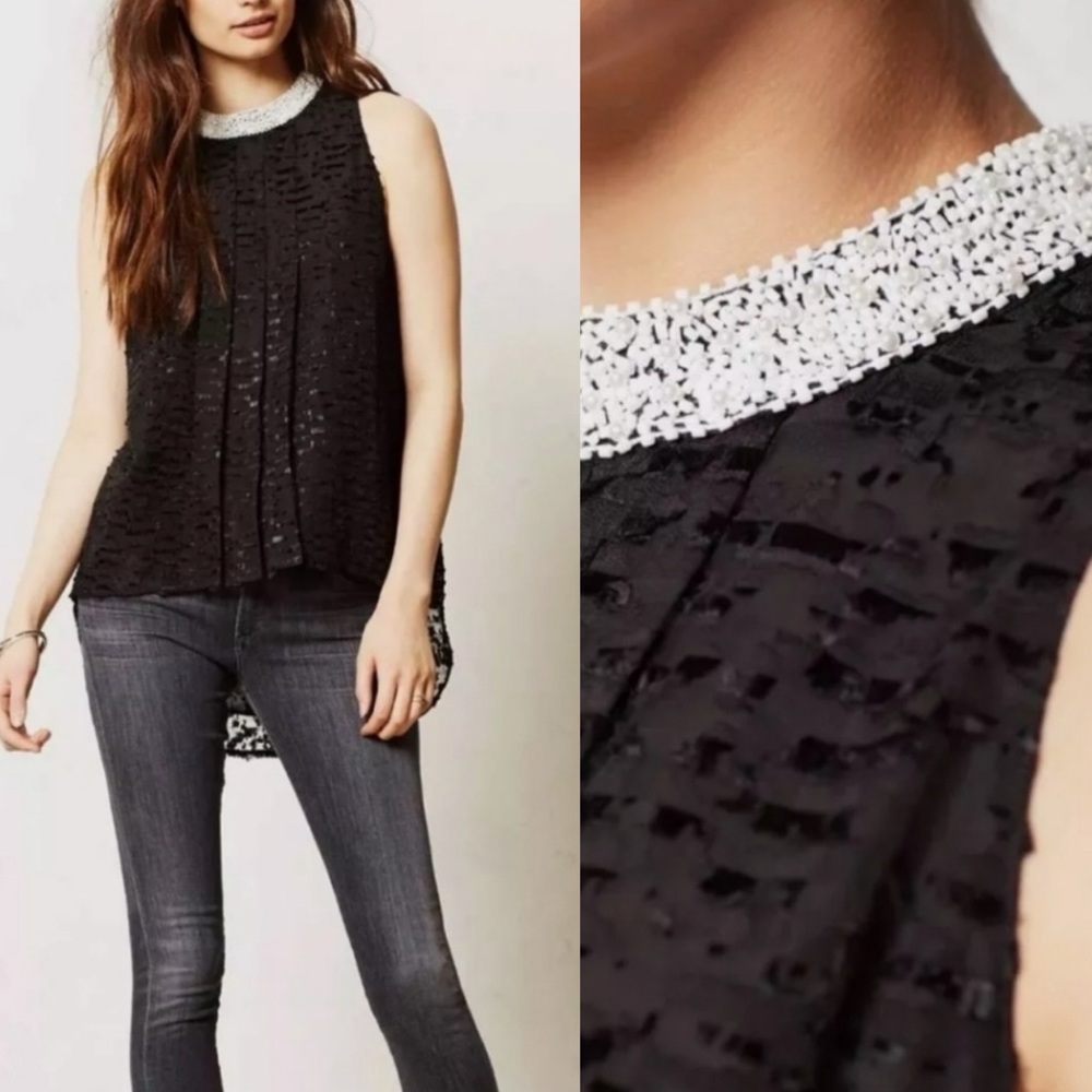 NWT ANTHROPOLOGIE SACHIN & BABI Size 8 Black Sleeveless Beaded Collar Blouse Top